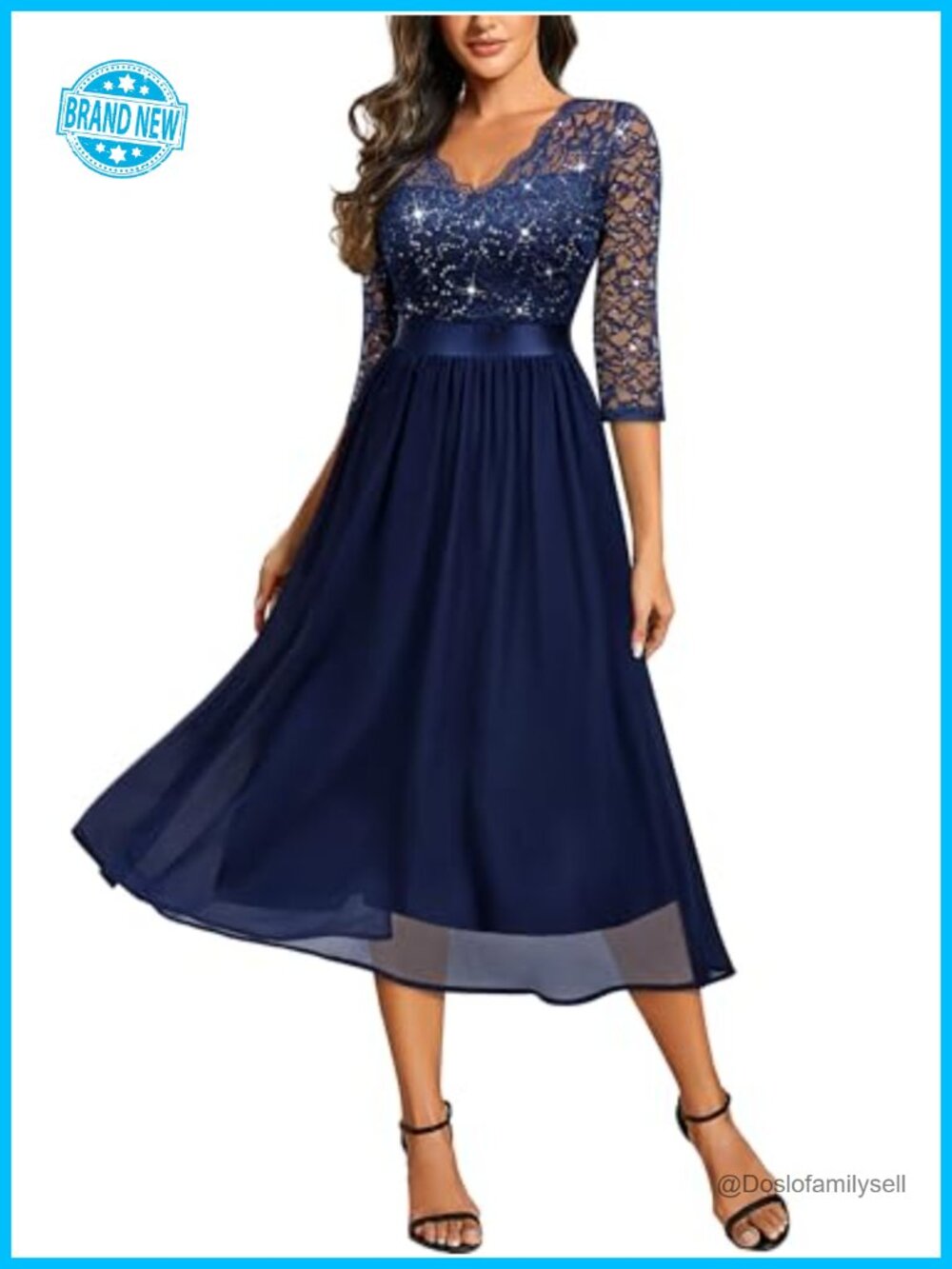 Sequin Lace V-Neck 3/4 Sleeve A-Line Dress Bridesmaid Party